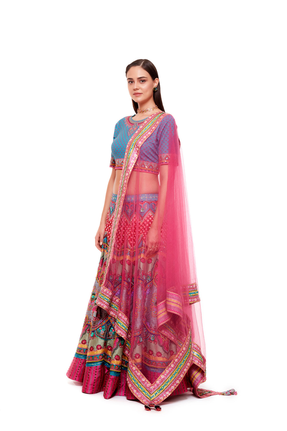 Blue Emb. Crop Top, Blue Pink Emb Skirt, Light Grey Chintz Emb. Border Dupatta-Siddhartha Bansal