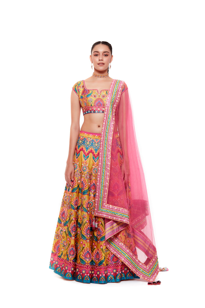 Yellow Emb. Multi Color Blouse , Yellow Emb. Multi Color Skirt And Light Grey Chintz Emb. Border Dupatta-Siddhartha Bansal