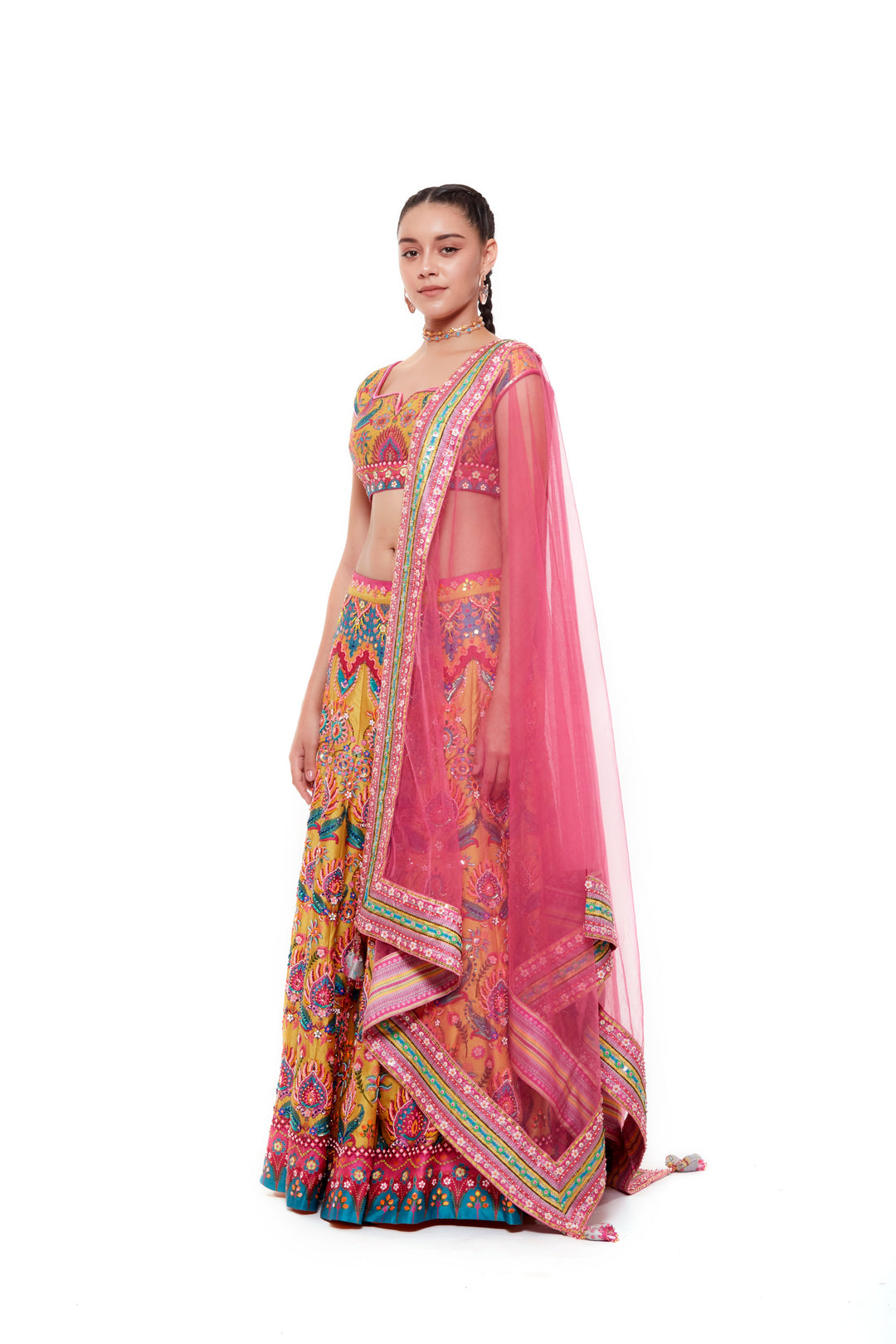 Yellow Emb. Multi Color Blouse , Yellow Emb. Multi Color Skirt And Light Grey Chintz Emb. Border Dupatta-Siddhartha Bansal