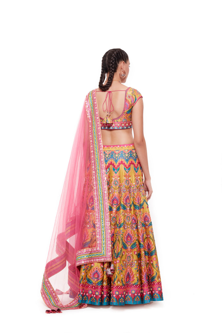 Yellow Emb. Multi Color Blouse , Yellow Emb. Multi Color Skirt And Light Grey Chintz Emb. Border Dupatta-Siddhartha Bansal