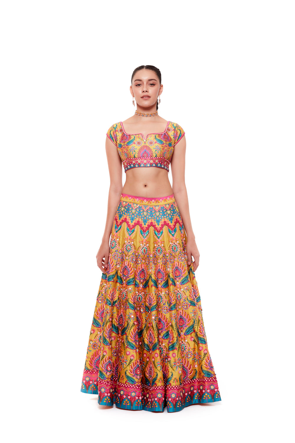 Yellow Emb. Multi Color Blouse , Yellow Emb. Multi Color Skirt And Light Grey Chintz Emb. Border Dupatta-Siddhartha Bansal