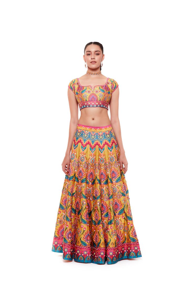 Yellow Emb. Multi Color Blouse , Yellow Emb. Multi Color Skirt And Light Grey Chintz Emb. Border Dupatta-Siddhartha Bansal