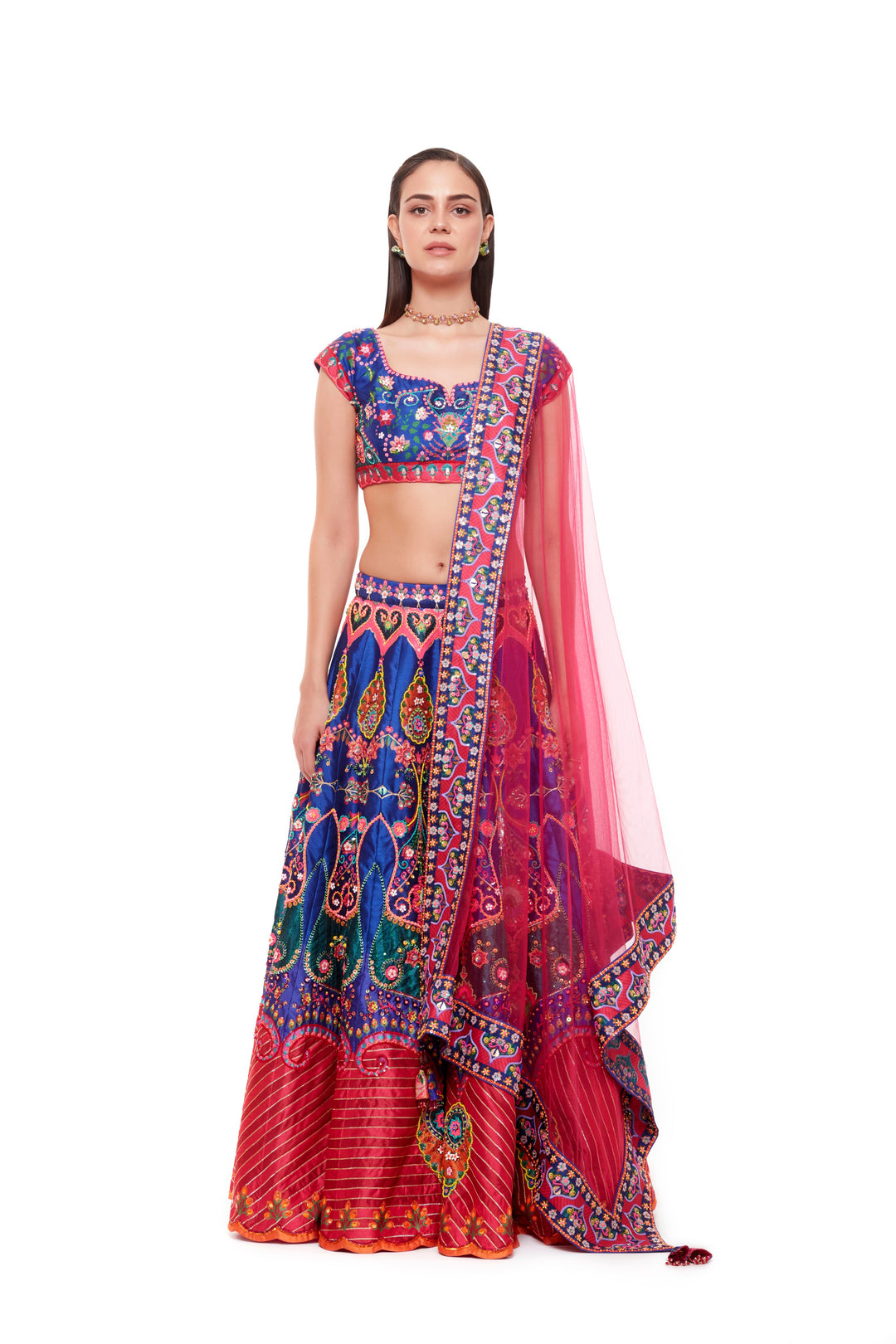 Royal Blue Pink Emb. Blouse, Royal Blue Pink Hand Emb. Skirt And Pink Dupatta With Emb. Red Blue Border-Siddhartha Bansal