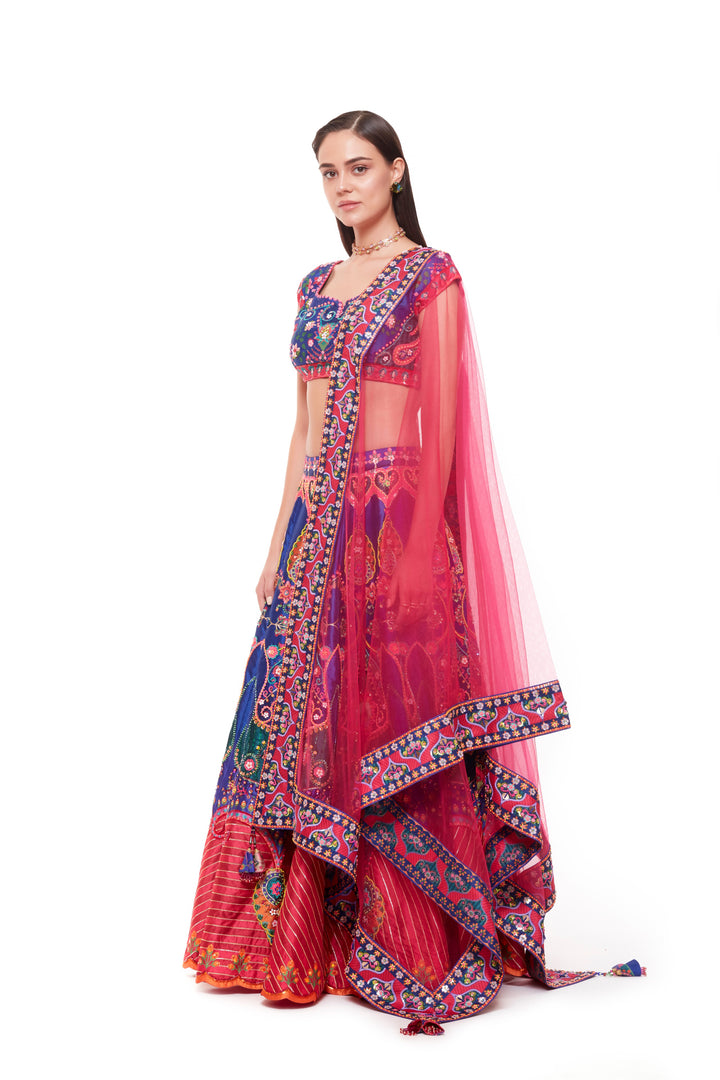 Royal Blue Pink Emb. Blouse, Royal Blue Pink Hand Emb. Skirt And Pink Dupatta With Emb. Red Blue Border-Siddhartha Bansal