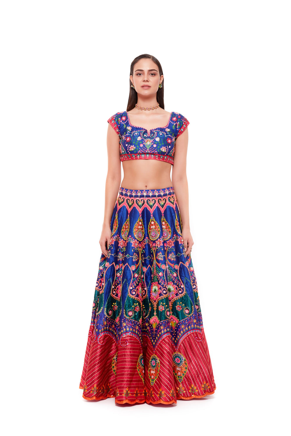 Royal Blue Pink Emb. Blouse, Royal Blue Pink Hand Emb. Skirt And Pink Dupatta With Emb. Red Blue Border-Siddhartha Bansal