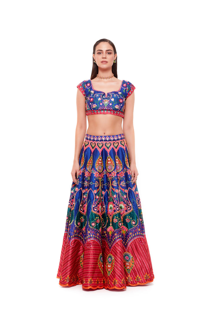 Royal Blue Pink Emb. Blouse, Royal Blue Pink Hand Emb. Skirt And Pink Dupatta With Emb. Red Blue Border-Siddhartha Bansal