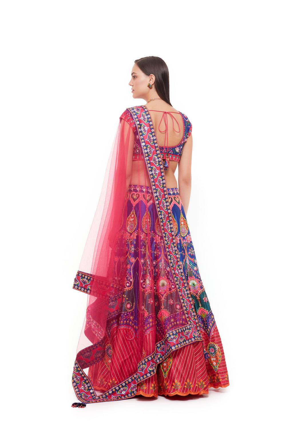 Royal Blue Pink Emb. Blouse, Royal Blue Pink Hand Emb. Skirt And Pink Dupatta With Emb. Red Blue Border-Siddhartha Bansal