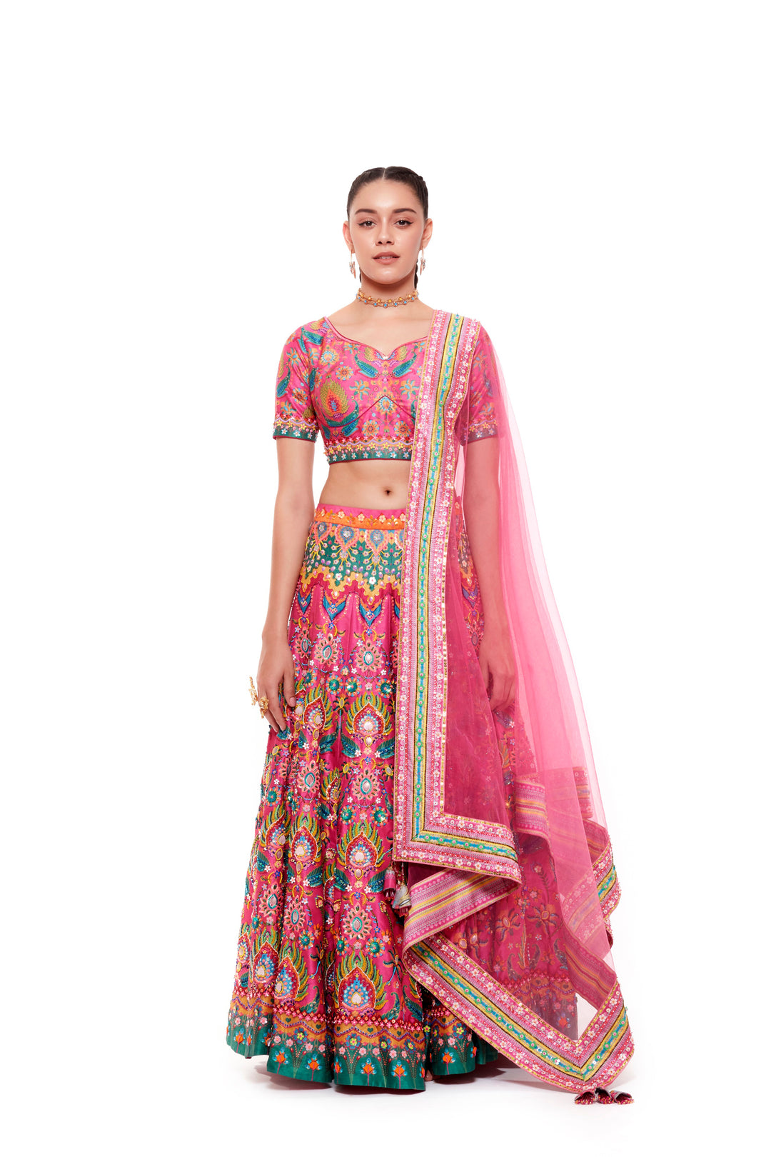 Pink Emb. Multi Color Blouse, Pink Emb. Multi Color Skirt And Light Grey Chintz Emb. Border Dupatta-Siddhartha Bansal