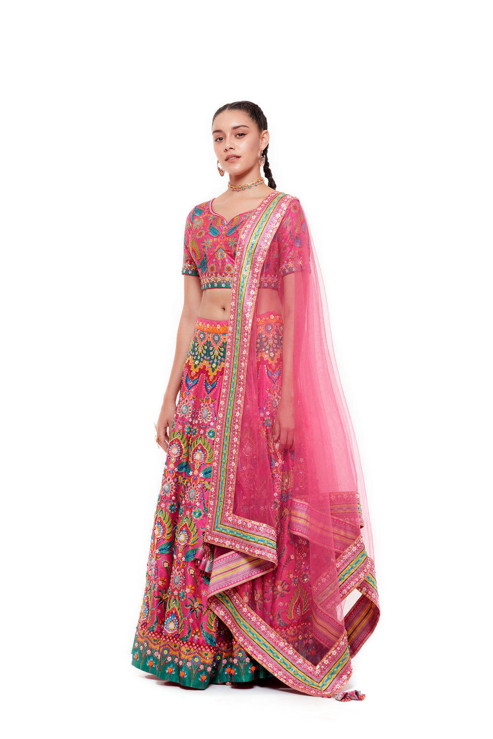 Pink Emb. Multi Color Blouse, Pink Emb. Multi Color Skirt And Light Grey Chintz Emb. Border Dupatta-Siddhartha Bansal