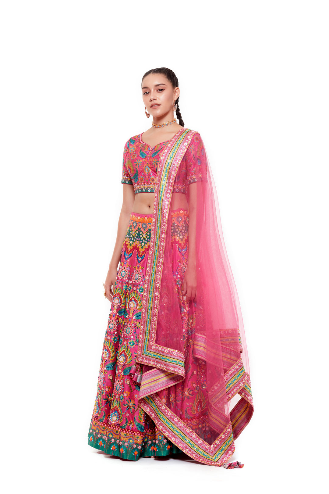 Pink Emb. Multi Color Blouse, Pink Emb. Multi Color Skirt And Light Grey Chintz Emb. Border Dupatta-Siddhartha Bansal