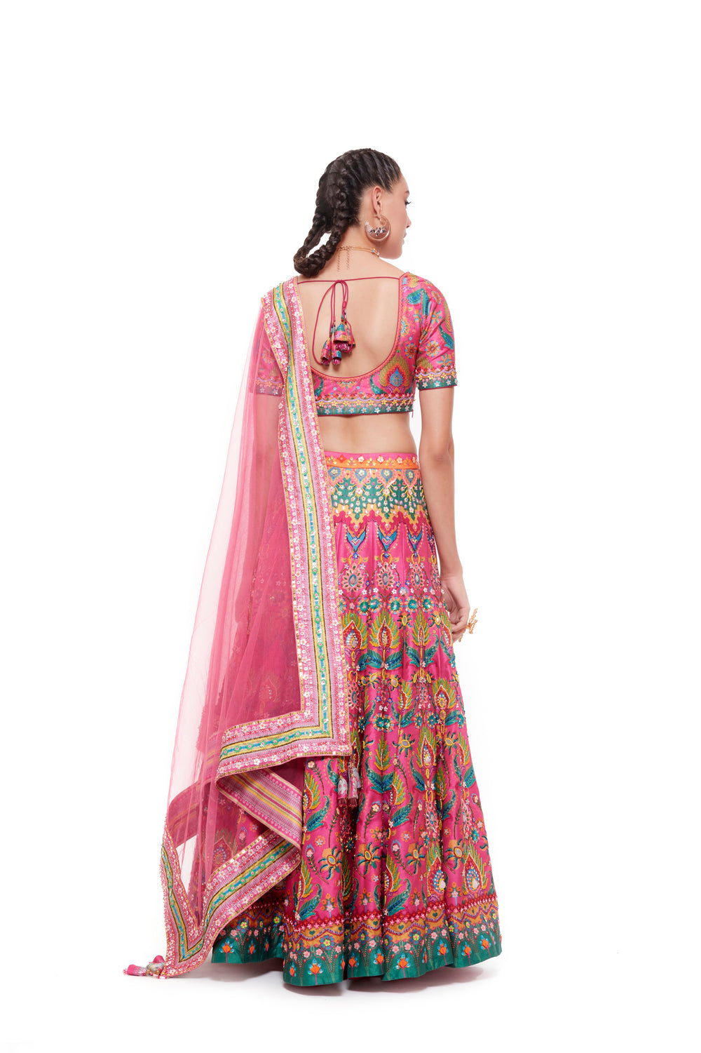 Pink Emb. Multi Color Blouse, Pink Emb. Multi Color Skirt And Light Grey Chintz Emb. Border Dupatta-Siddhartha Bansal