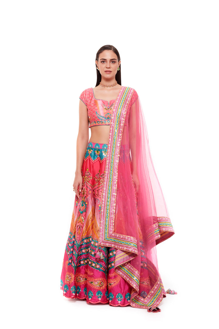 Royal Pink Emb. Blouse, Royal Pink Stripe Hand Emb. Skirt And Light Grey Chintz Emb. Border Dupatta-Siddhartha Bansal