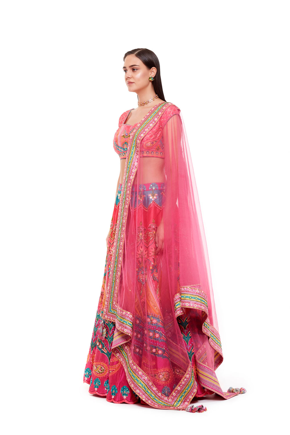 Royal Pink Emb. Blouse, Royal Pink Stripe Hand Emb. Skirt And Light Grey Chintz Emb. Border Dupatta-Siddhartha Bansal