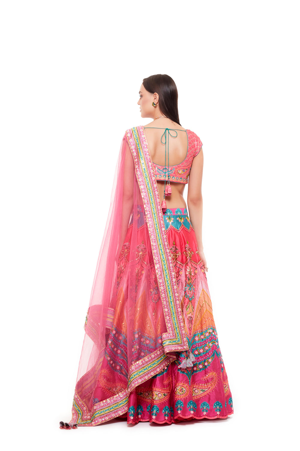 Royal Pink Emb. Blouse, Royal Pink Stripe Hand Emb. Skirt And Light Grey Chintz Emb. Border Dupatta-Siddhartha Bansal