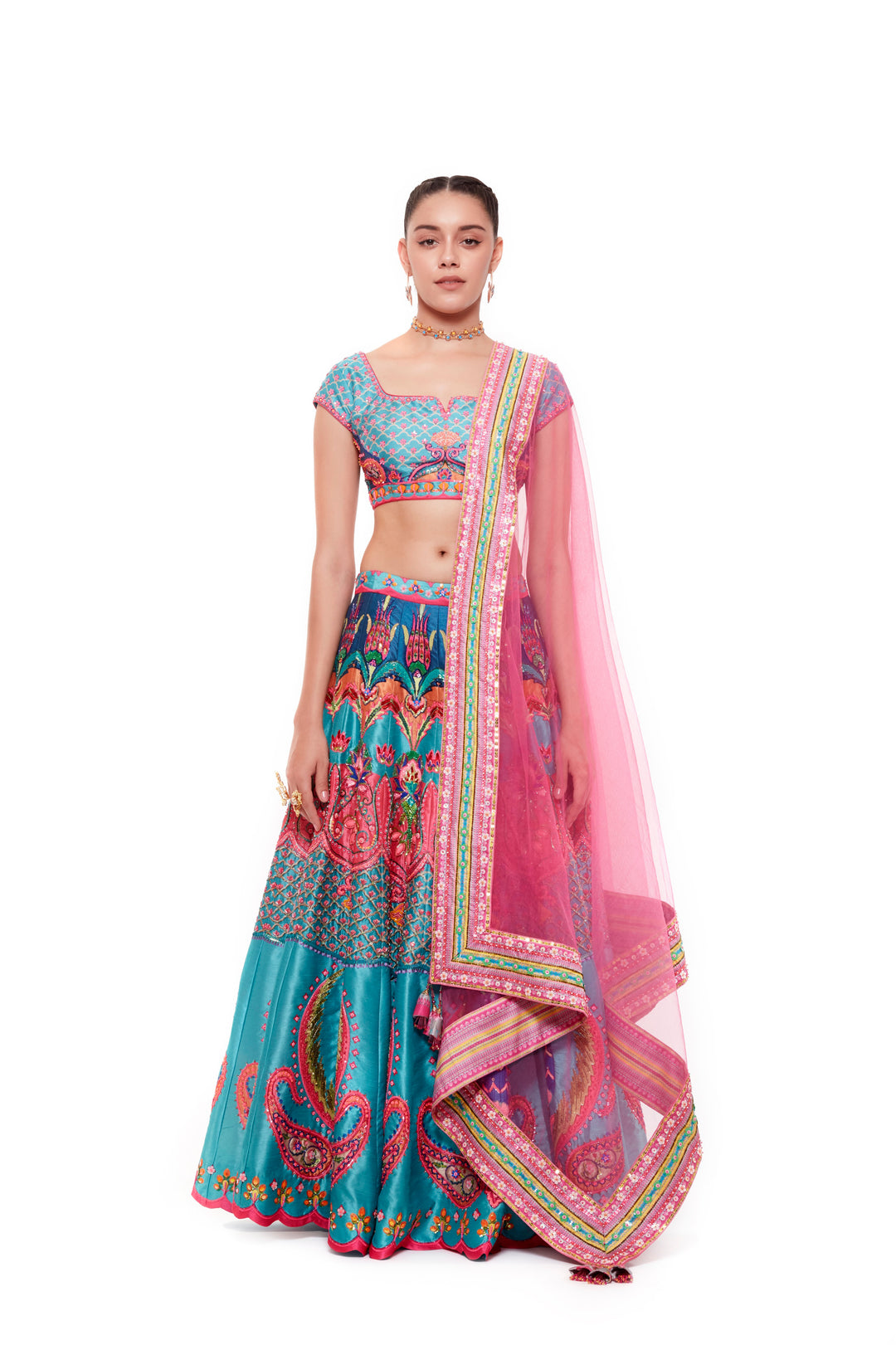 Royal Green Emb. Blouse And Royal Green Stripe Hand Emb. Skirt And Light Grey Chintz Emb. Border Dupatta-Siddhartha Bansal