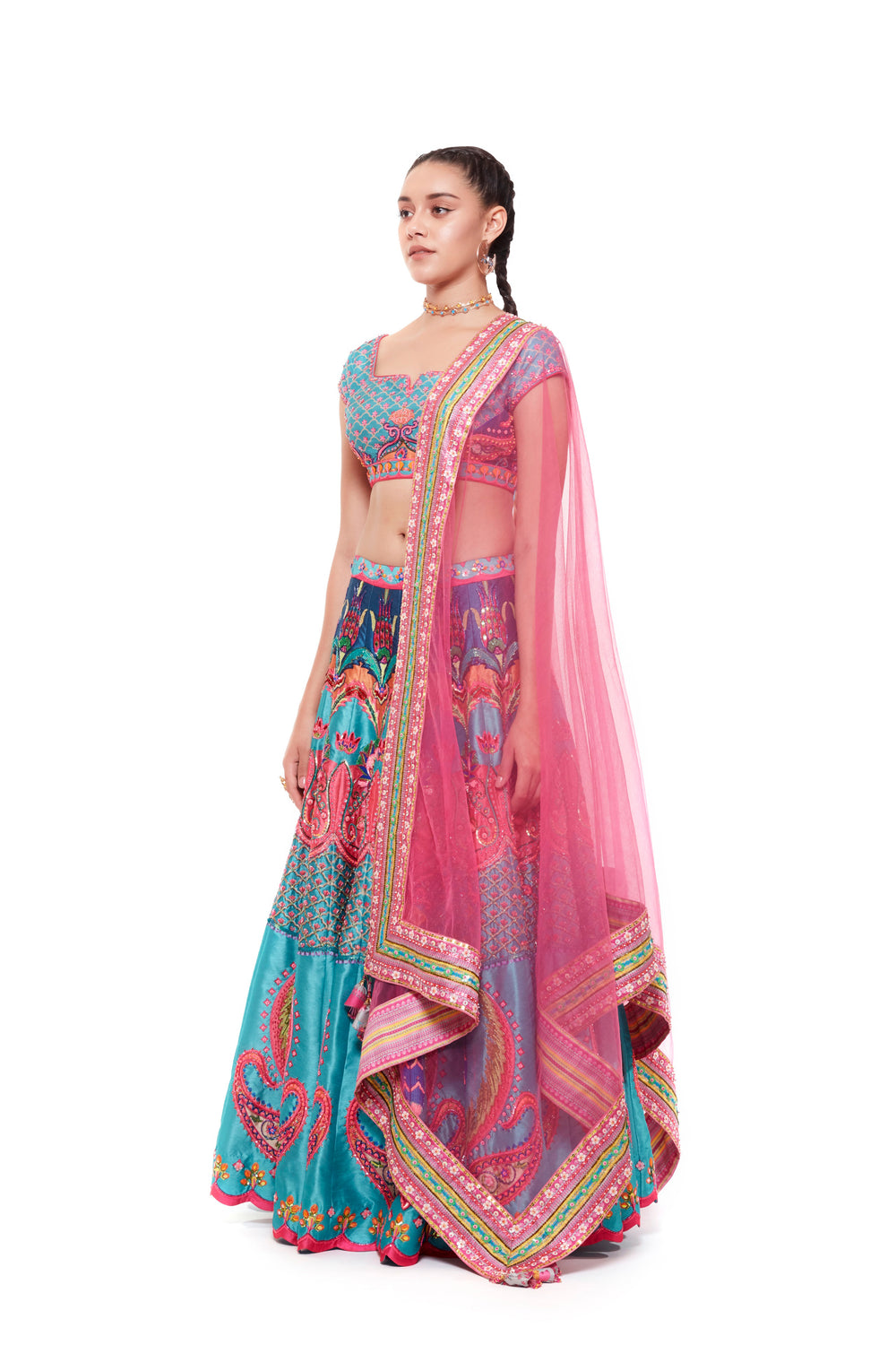 Royal Green Emb. Blouse And Royal Green Stripe Hand Emb. Skirt And Light Grey Chintz Emb. Border Dupatta-Siddhartha Bansal