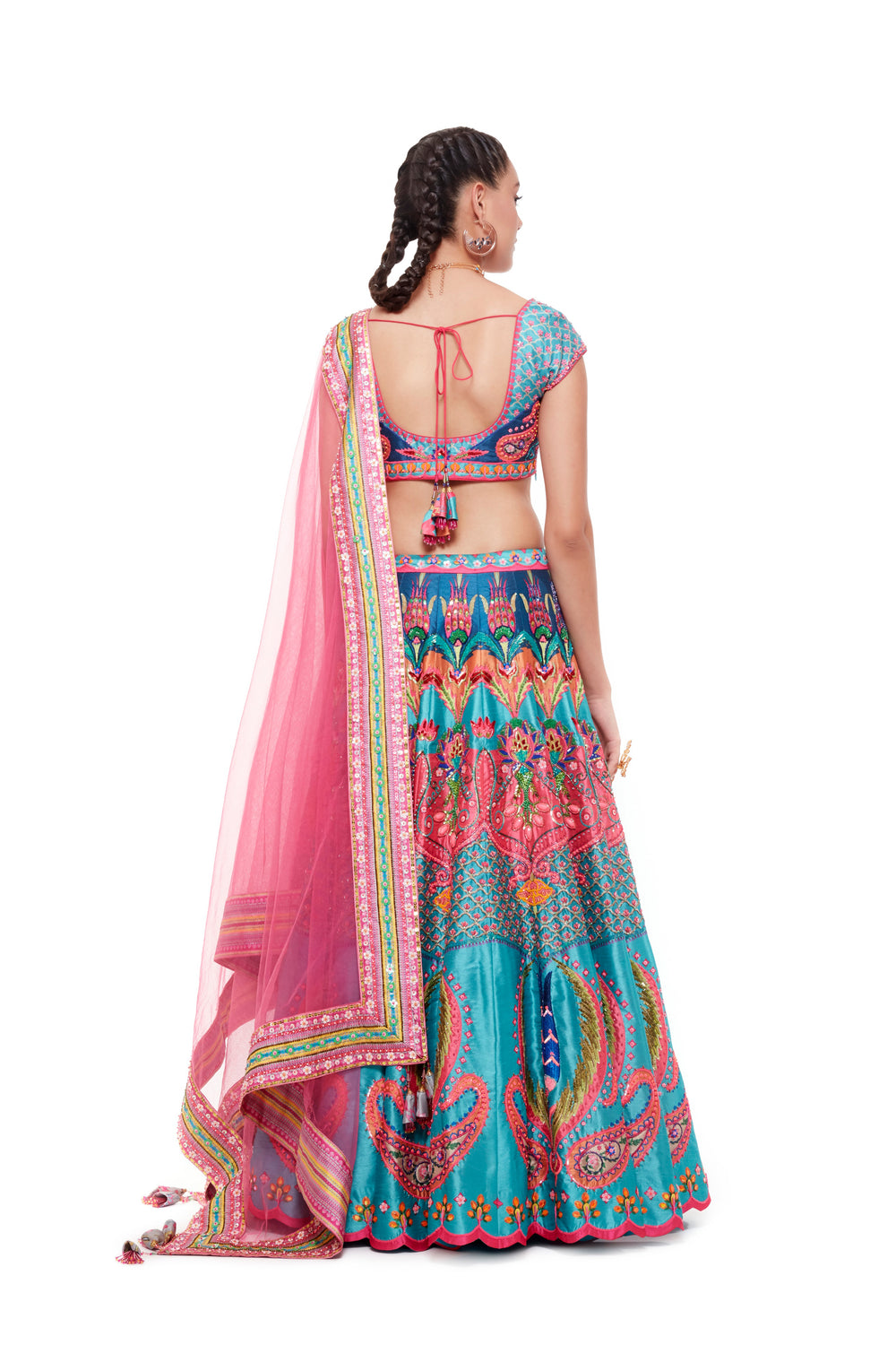 Royal Green Emb. Blouse And Royal Green Stripe Hand Emb. Skirt And Light Grey Chintz Emb. Border Dupatta-Siddhartha Bansal