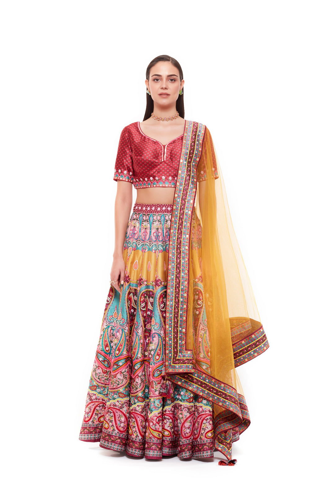 Red Paisely Emb. Blouse, Emb. Red Paisely Skirt, Yellow Dupatta Emb. Red Paisely Border-Siddhartha Bansal