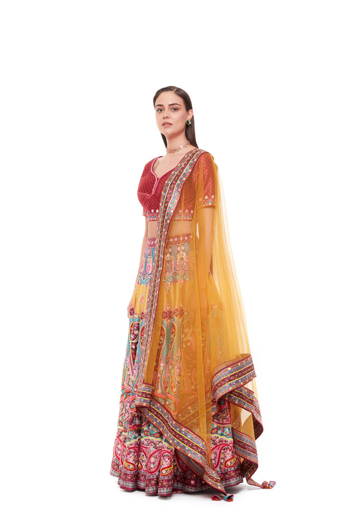 Red Paisely Emb. Blouse, Emb. Red Paisely Skirt, Yellow Dupatta Emb. Red Paisely Border-Siddhartha Bansal