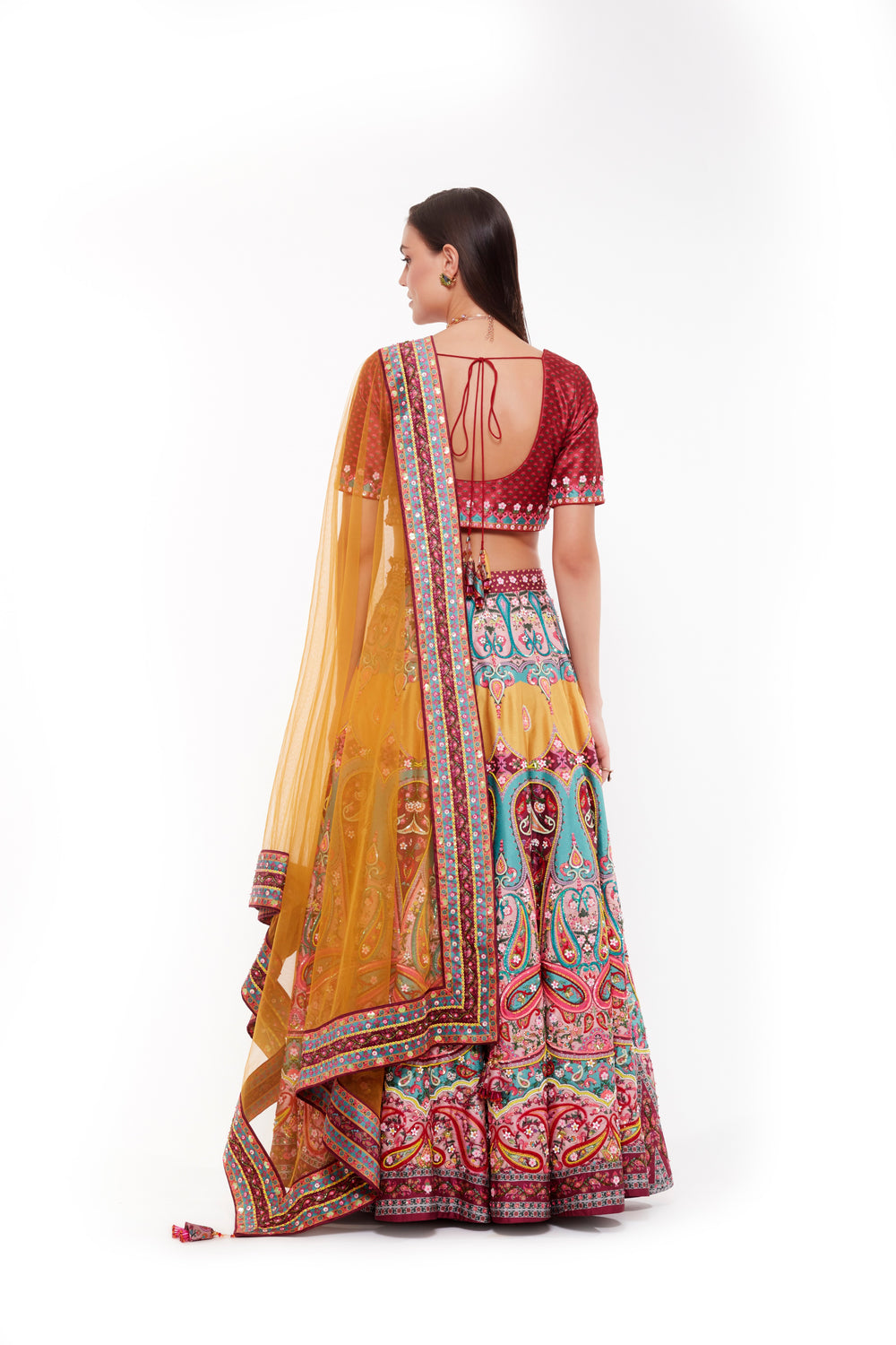 Red Paisely Emb. Blouse, Emb. Red Paisely Skirt, Yellow Dupatta Emb. Red Paisely Border-Siddhartha Bansal