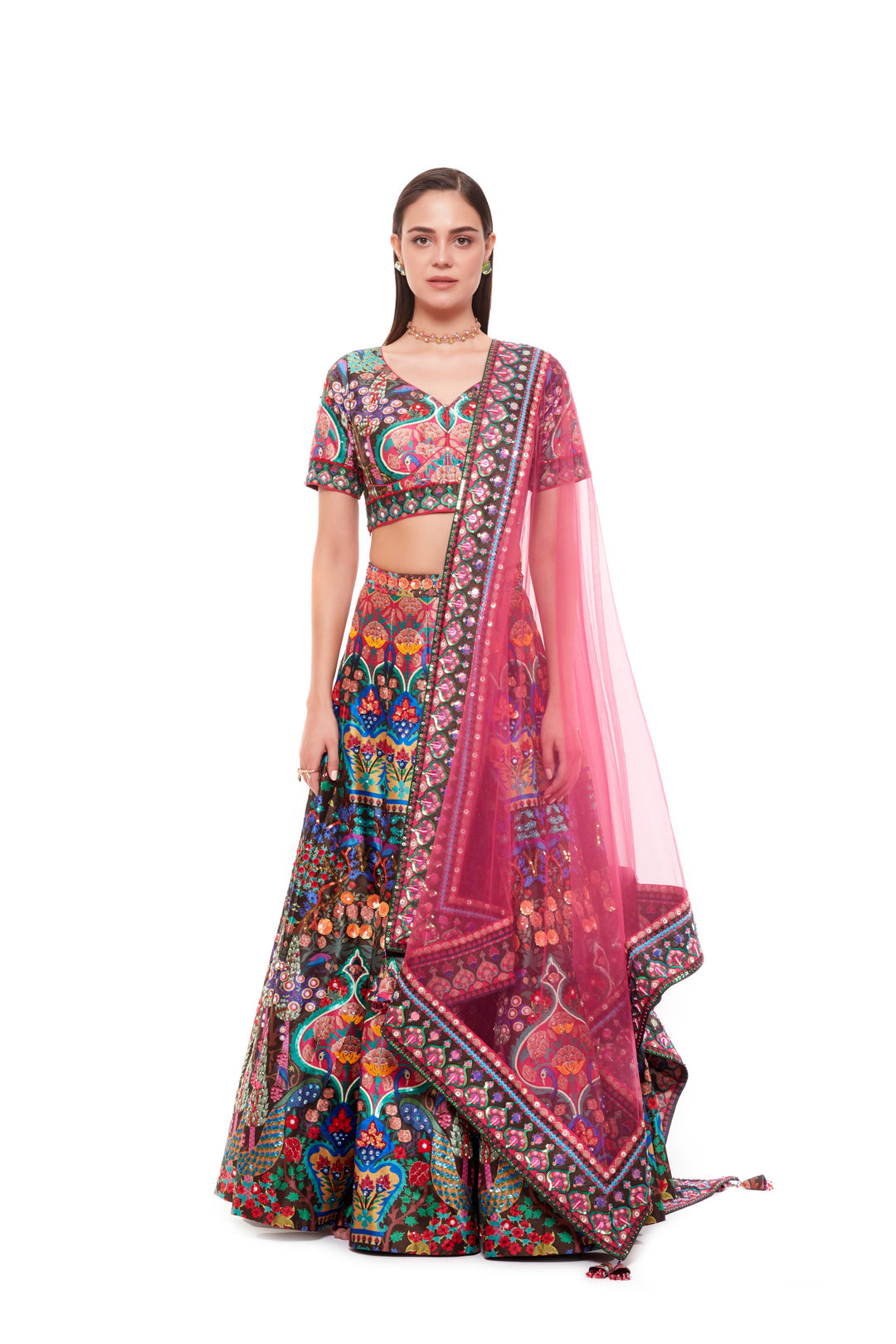 "Bagh Heavy Long Skirt , Brown And Pink Dupatta With Brown Bagh Emb. Borderbagh Blouse"-Siddhartha Bansal