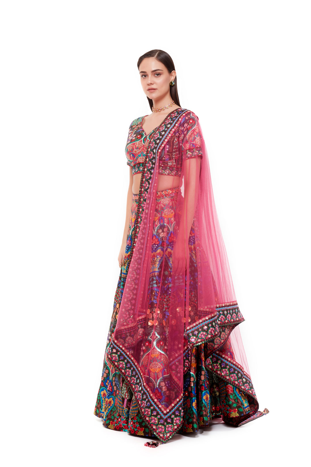 "Bagh Heavy Long Skirt , Brown And Pink Dupatta With Brown Bagh Emb. Borderbagh Blouse"-Siddhartha Bansal