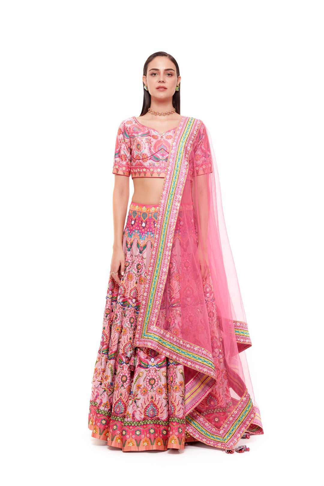 SB Signature Embroidered Baby Pink Paisley Blouse and Lehenga with pink embroidered Border Dupatta-Siddhartha Bansal