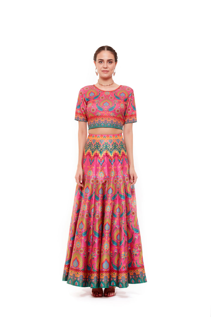 Pink Multi Color Crop Top And Skirt-Lehenga-Siddhartha Bansal