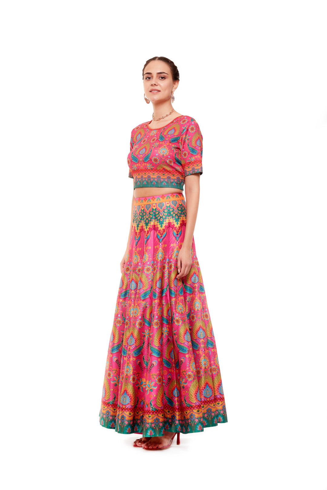 Pink Multi Color Crop Top And Skirt-Lehenga-Siddhartha Bansal