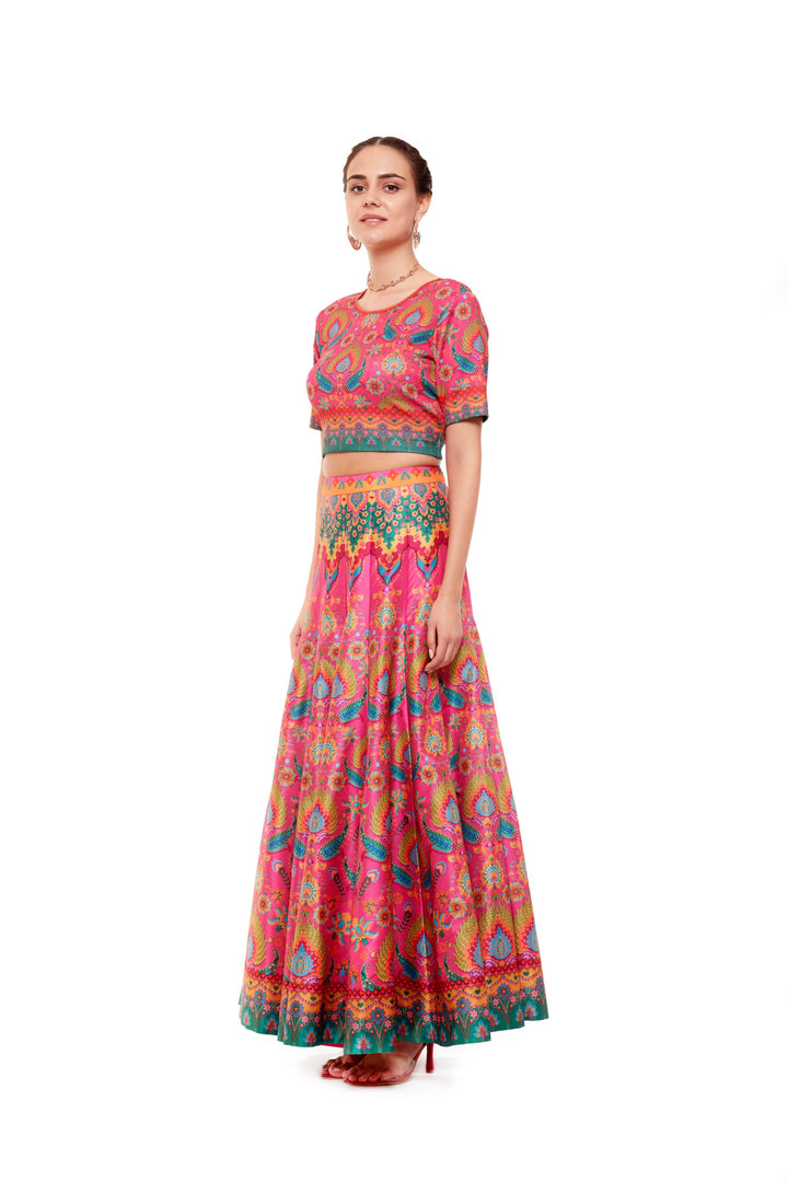 Pink Multi Color Crop Top And Skirt-Lehenga-Siddhartha Bansal