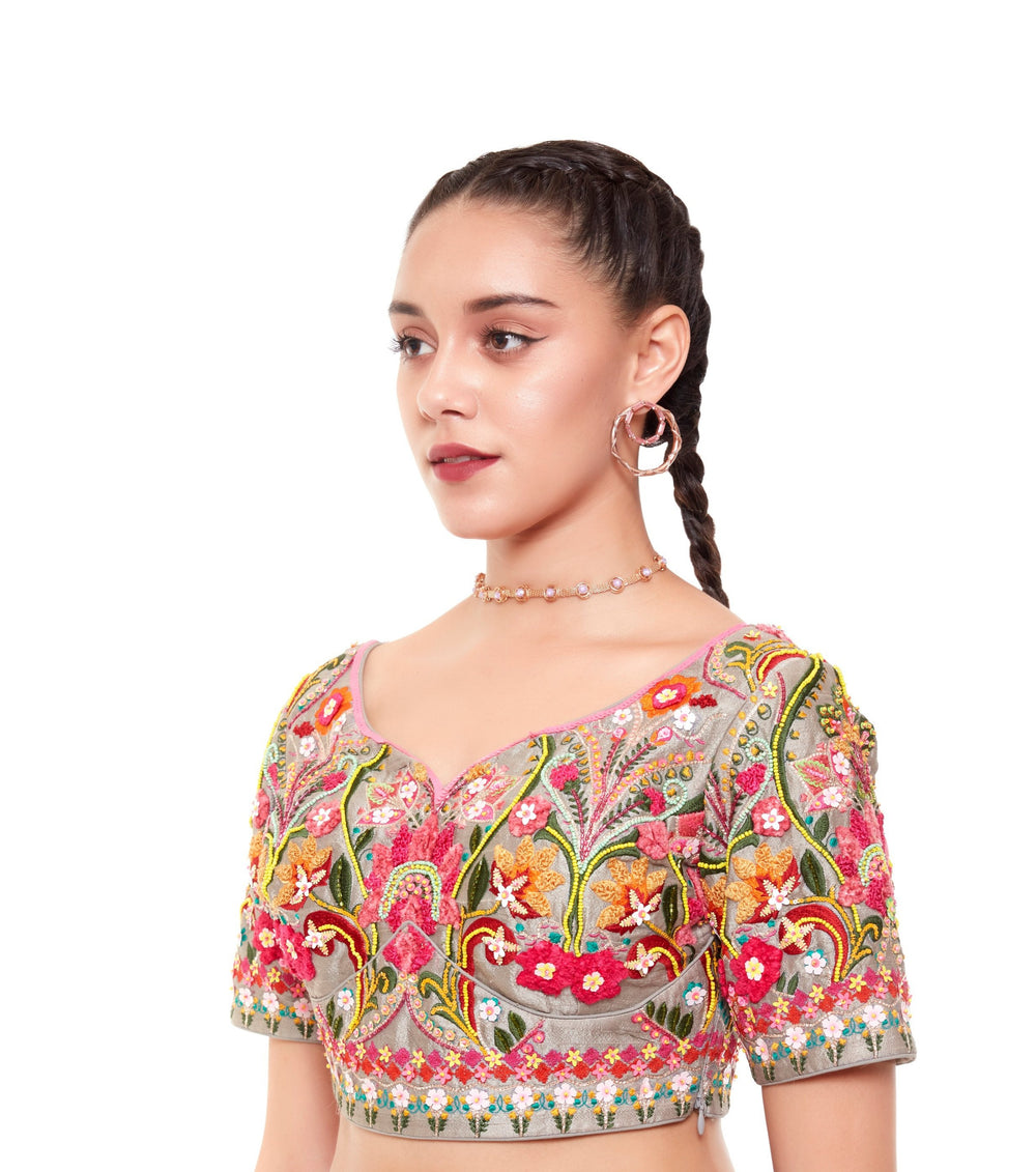 Grey Multi Color Embellished Blouse-Blouse-Siddhartha Bansal