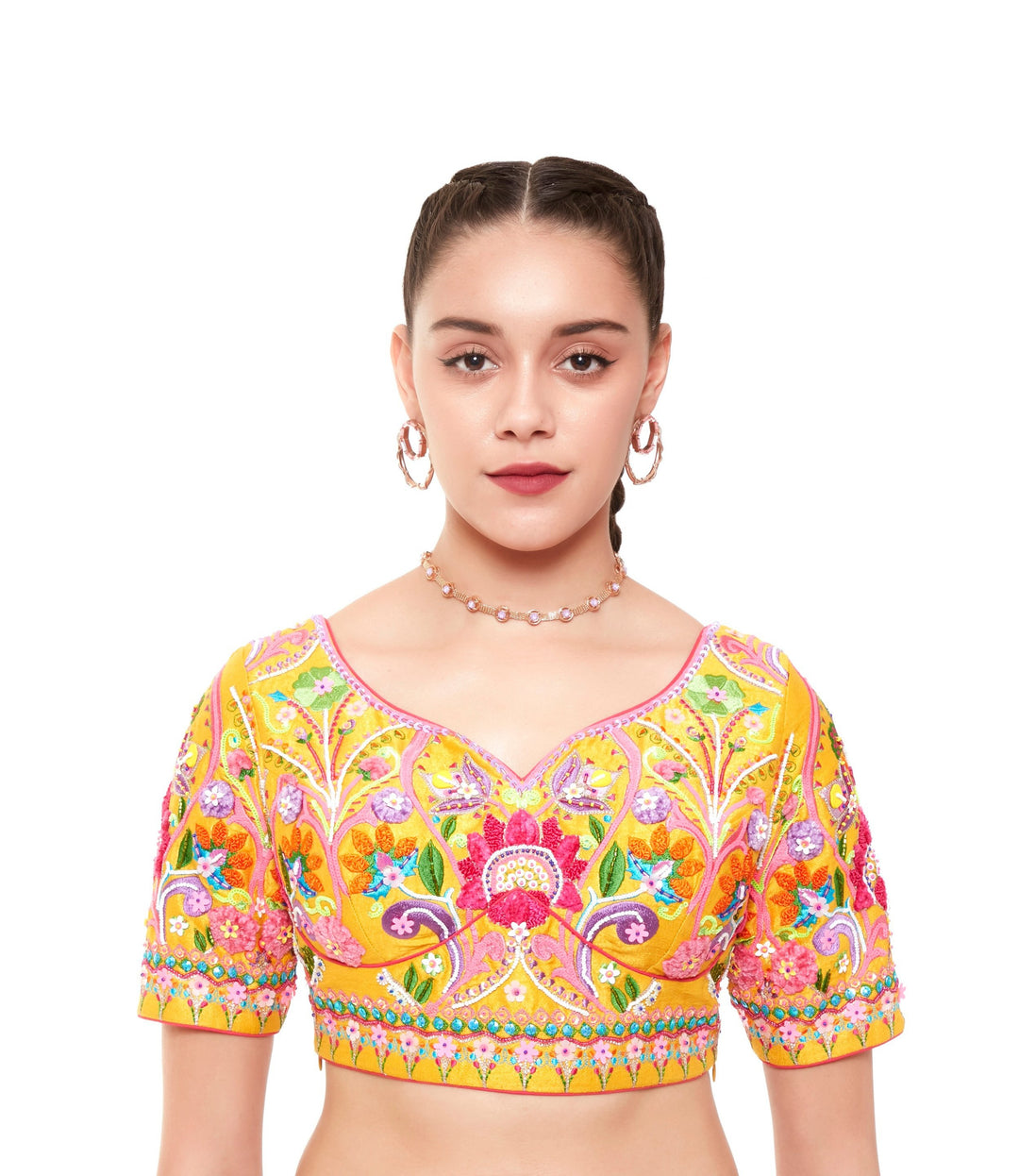 Yellow Multi Color Embellished Blouse With Elbow Sleeves-Blouse-Siddhartha Bansal