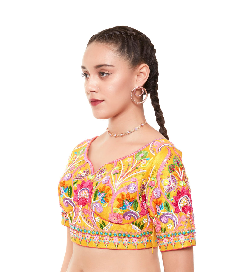 Yellow Multi Color Embellished Blouse With Elbow Sleeves-Blouse-Siddhartha Bansal