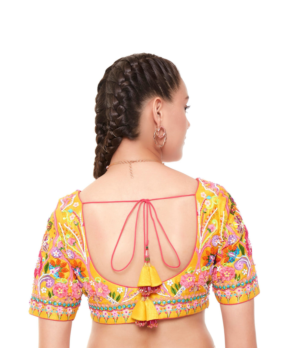 Yellow Multi Color Embellished Blouse With Elbow Sleeves-Blouse-Siddhartha Bansal