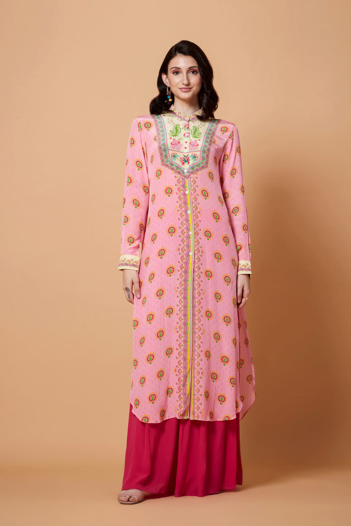 Cream Neck Yoke Floral Print Baby Pink Color Sb Signature Shirt Dress With Mandarin Collar-Siddhartha Bansal