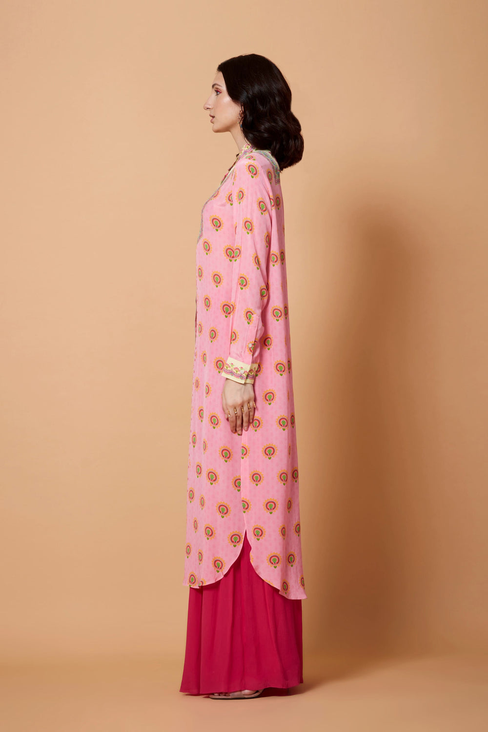 Cream Neck Yoke Floral Print Baby Pink Color Sb Signature Shirt Dress With Mandarin Collar-Siddhartha Bansal