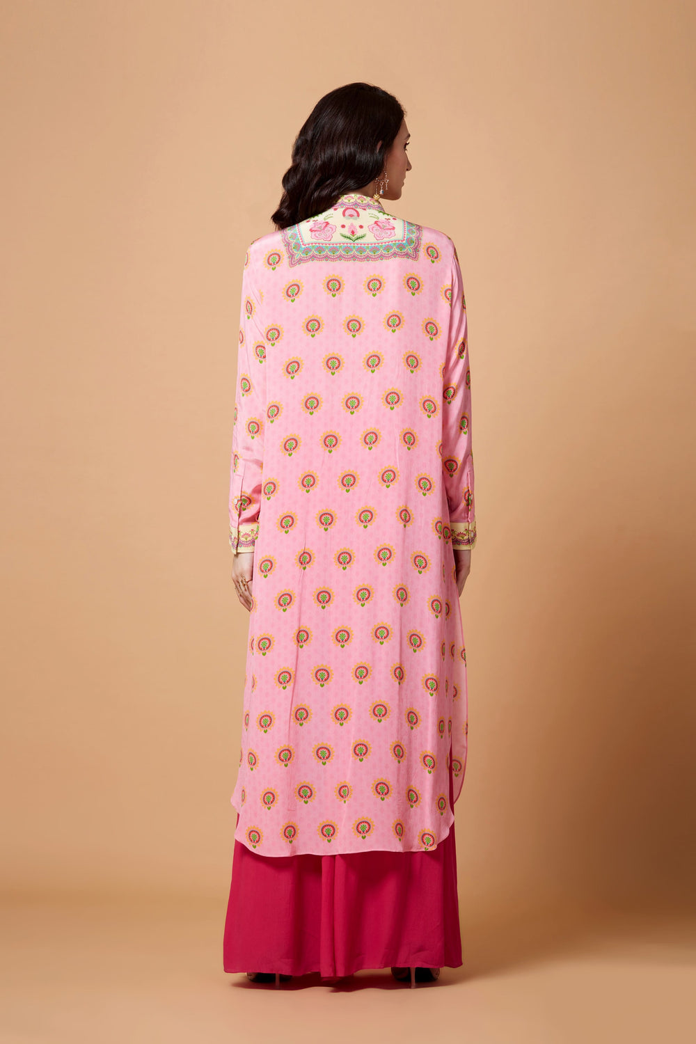 Cream Neck Yoke Floral Print Baby Pink Color Sb Signature Shirt Dress With Mandarin Collar-Siddhartha Bansal