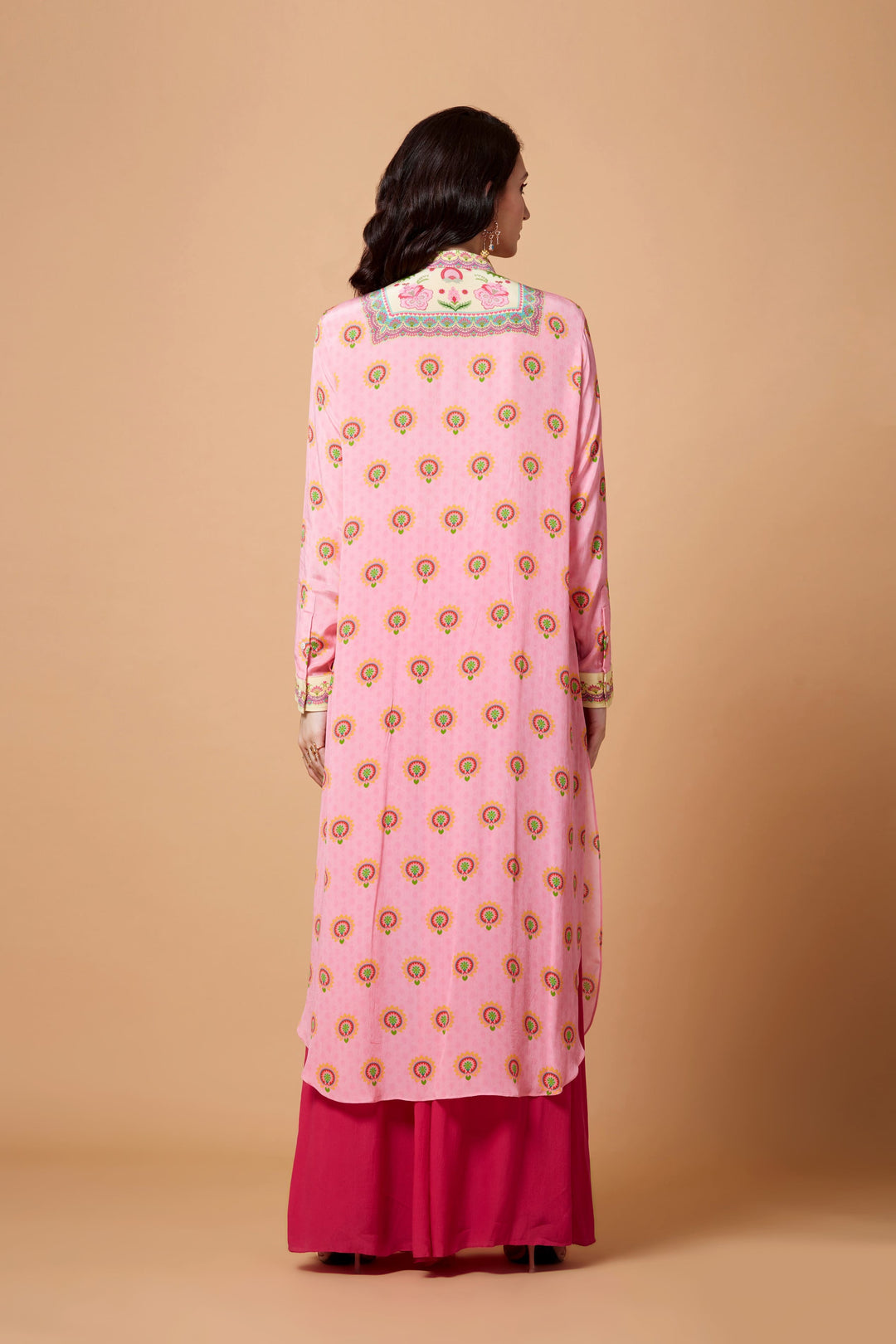 Cream Neck Yoke Floral Print Baby Pink Color Sb Signature Shirt Dress With Mandarin Collar-Siddhartha Bansal