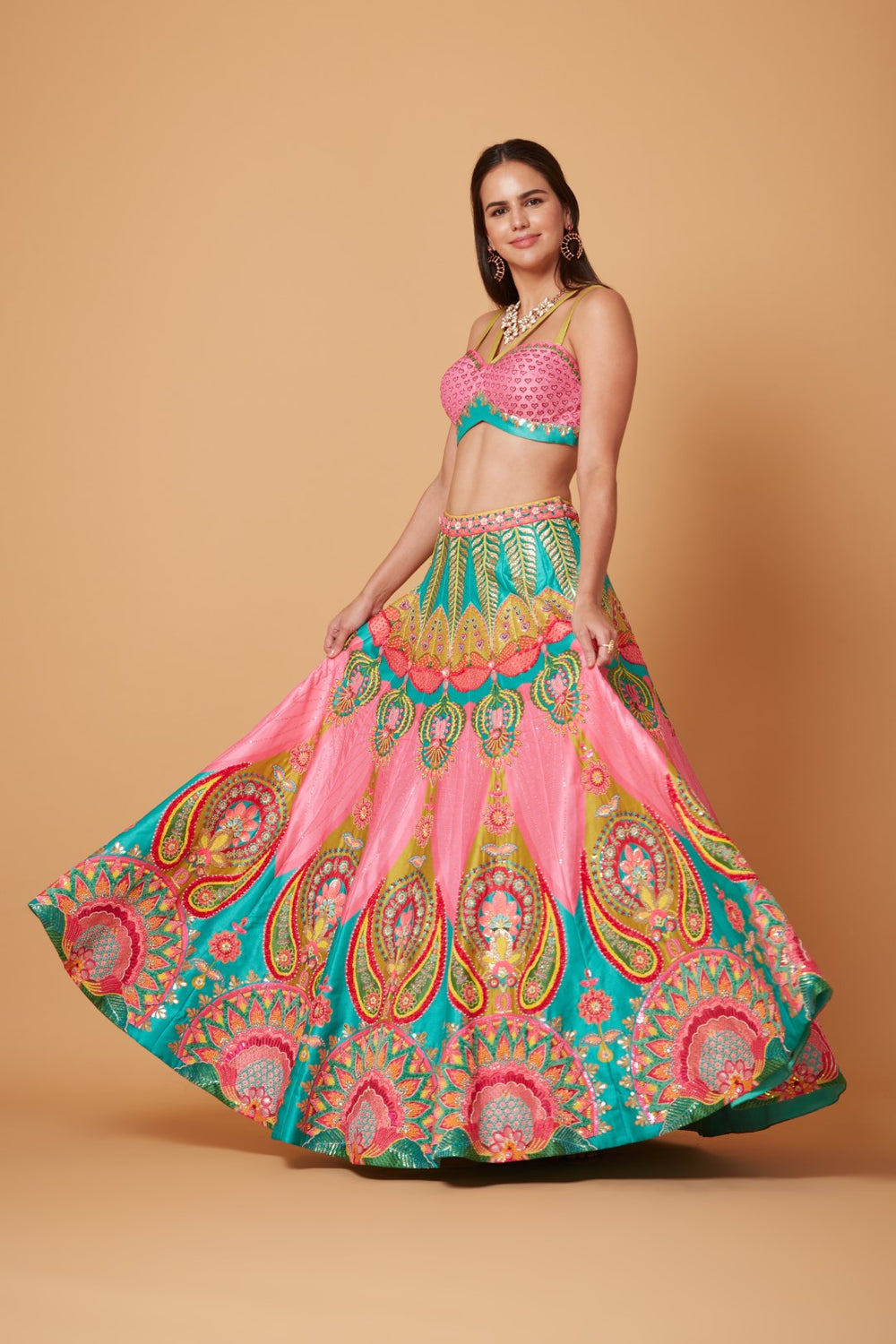 Mastani Pink & Ocean Electric Green Embroidered Lehenga Set-Siddhartha Bansal
