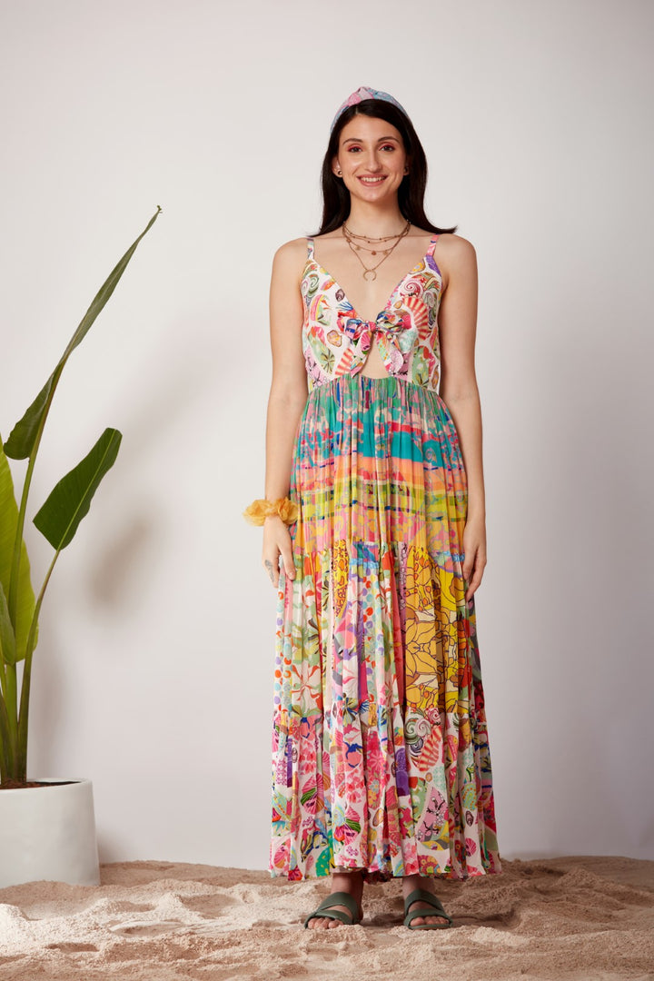 White Block Print, Front Bow Tiered Dress-Siddhartha Bansal