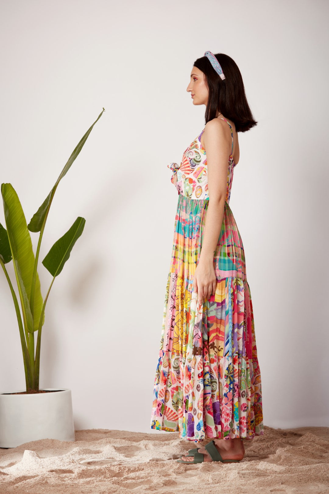White Block Print, Front Bow Tiered Dress-Siddhartha Bansal