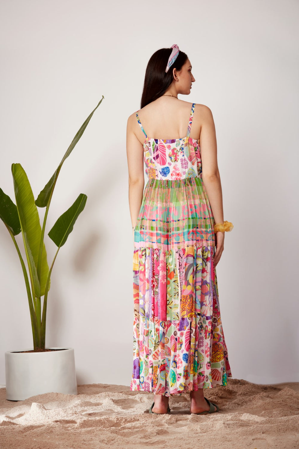 White Block Print, Front Bow Tiered Dress-Siddhartha Bansal