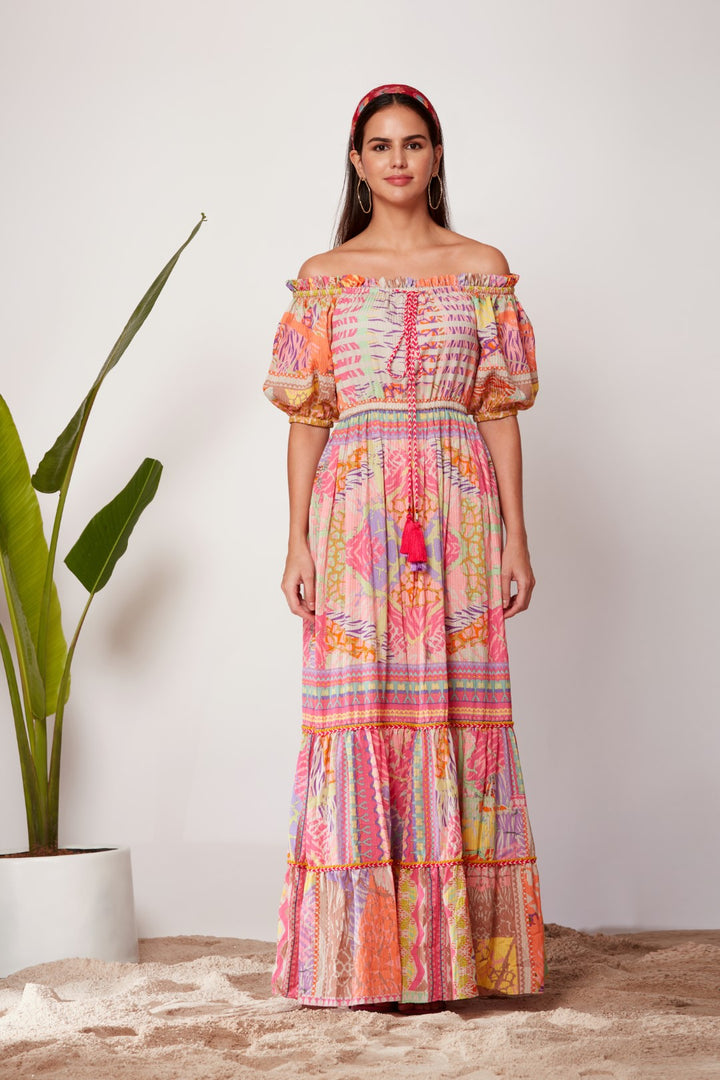 Neon Animal Skin Print Off Shoulder Tiered Maxi Dress-Siddhartha Bansal