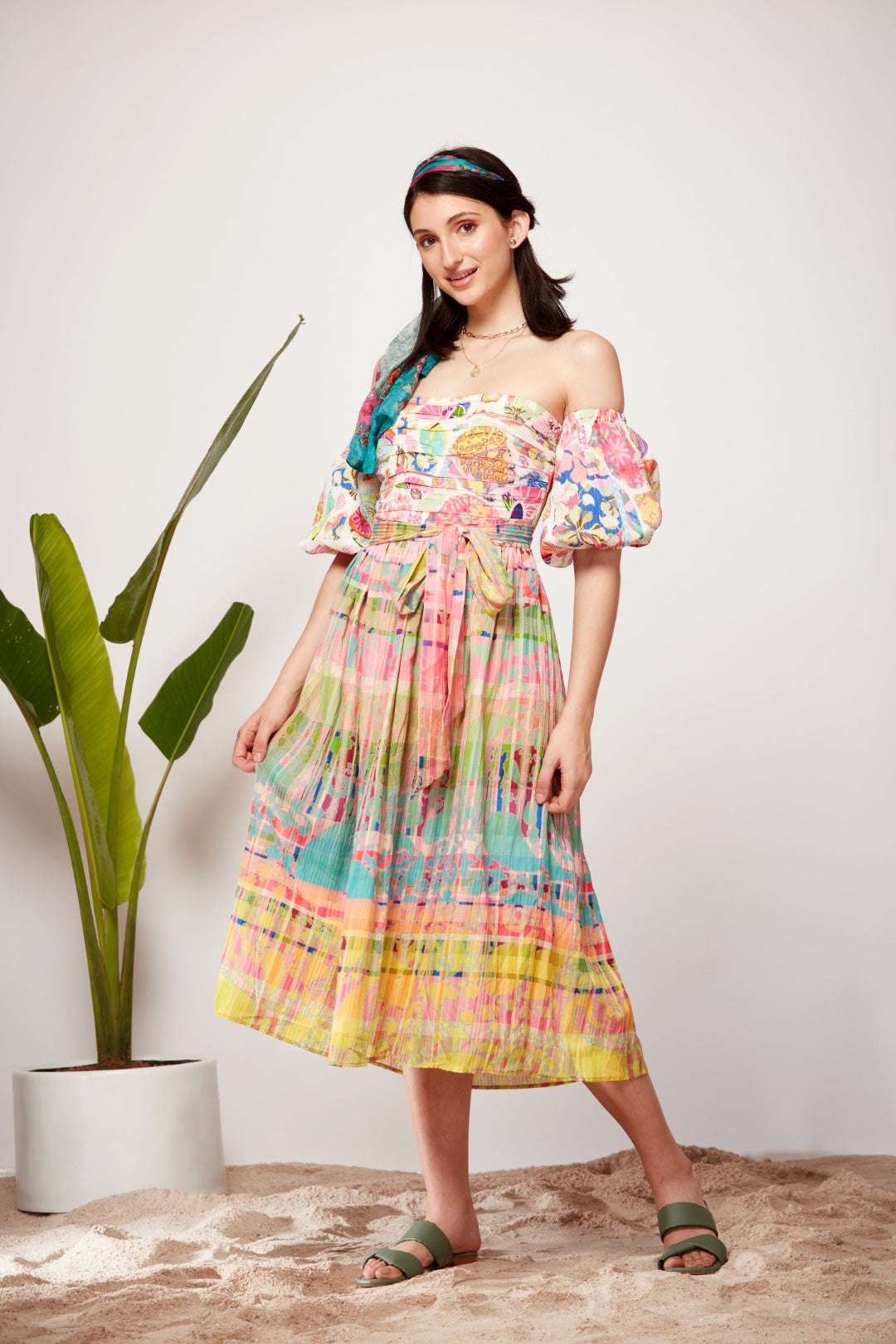 White Block Print, Paisley Check Print Off Shoulder Gatherd Dress-Siddhartha Bansal