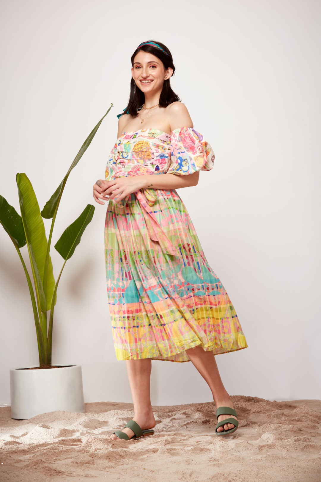 siddhartha bansal off-the-shoulder dress White Block Print, Paisley Check Print Off Shoulder Gatherd Dress XL