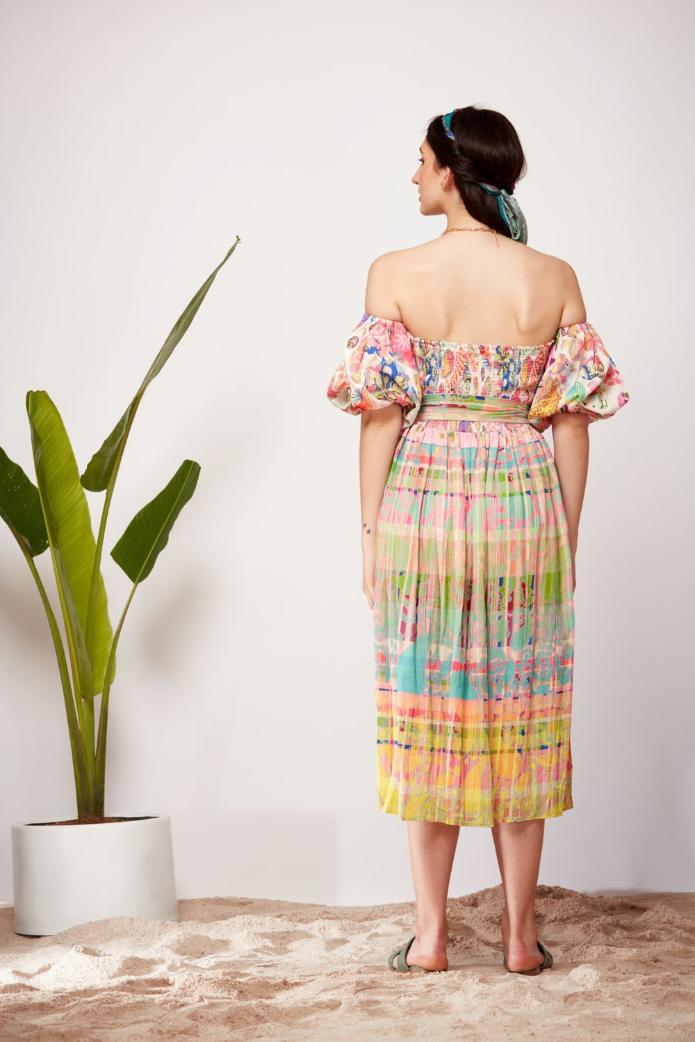 White Block Print, Paisley Check Print Off Shoulder Gatherd Dress-Siddhartha Bansal