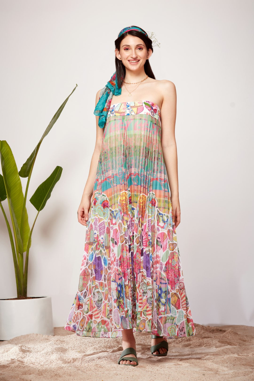 Check Paisley Ombre Sunray Pleats Tube Dress-Siddhartha Bansal