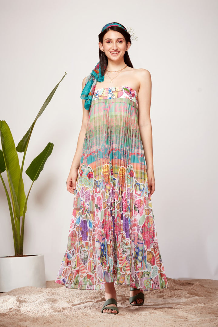 Check Paisley Ombre Sunray Pleats Tube Dress-Siddhartha Bansal