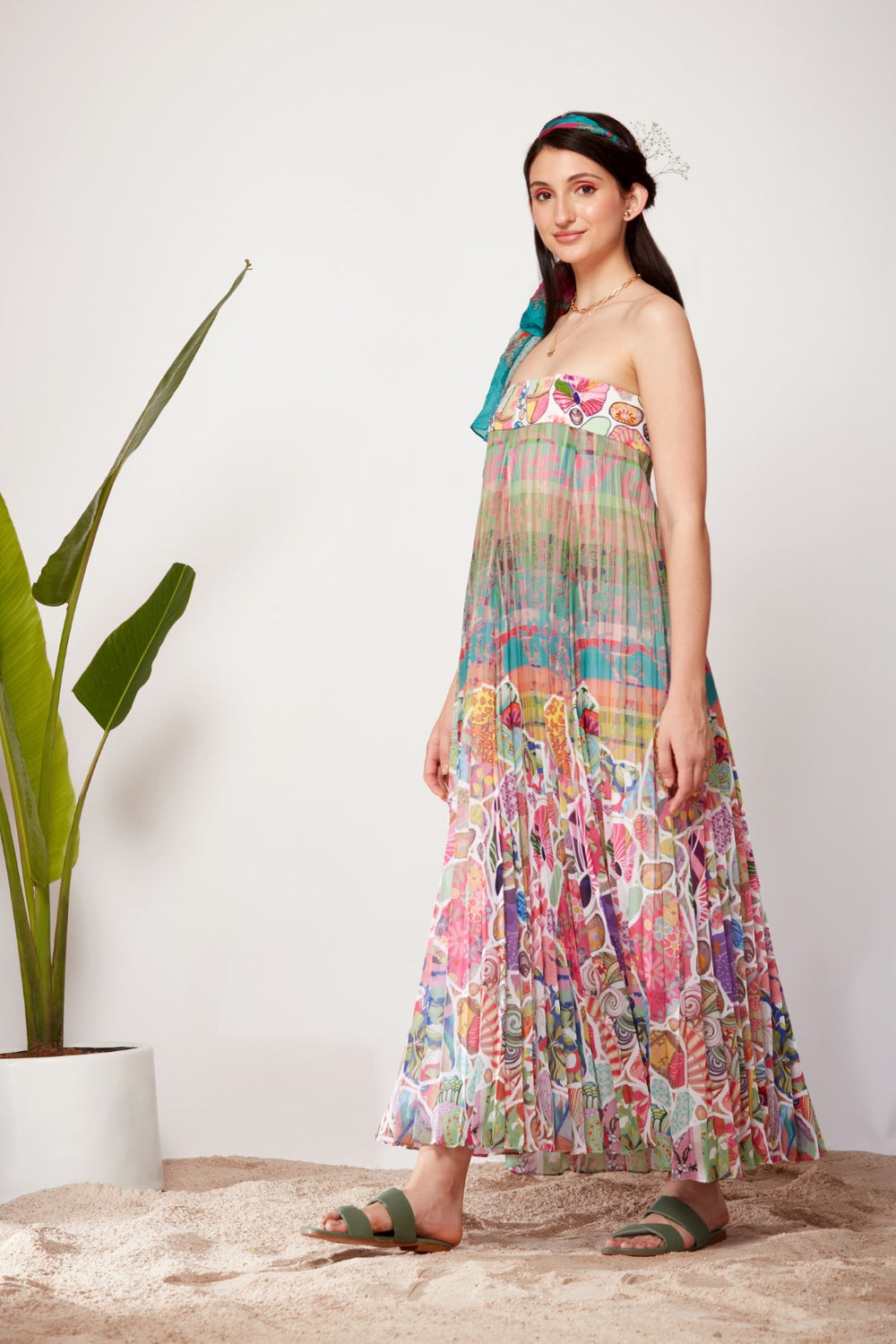 Check Paisley Ombre Sunray Pleats Tube Dress-Siddhartha Bansal