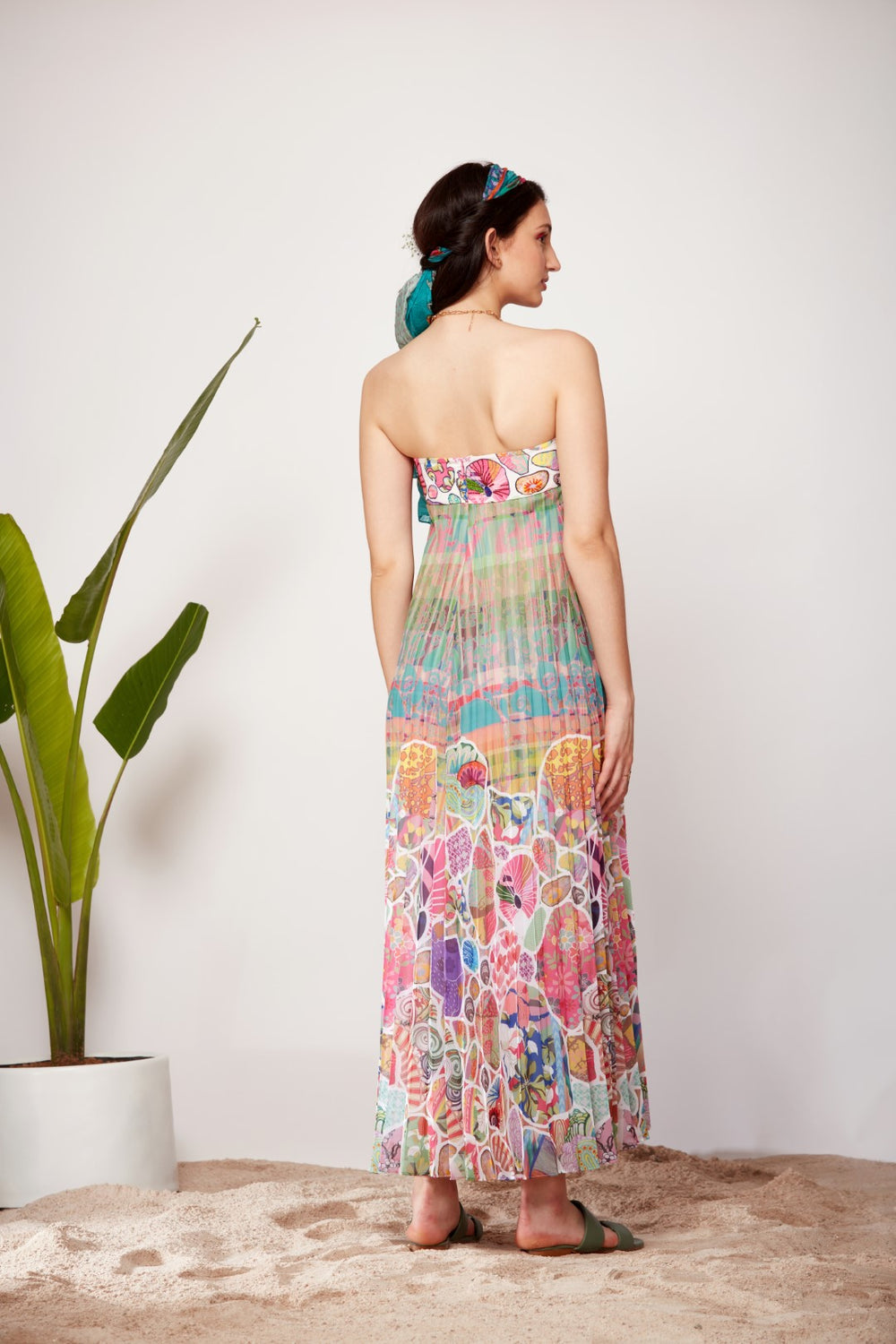 Check Paisley Ombre Sunray Pleats Tube Dress-Siddhartha Bansal